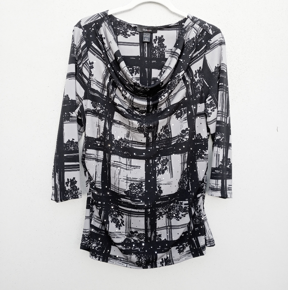 Style & Co Black Gray Slouch Collar Top in Large